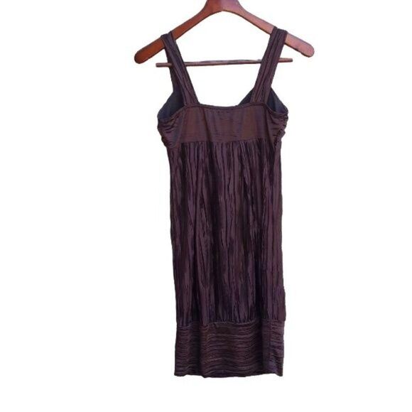 Vtg 90s Mini Dress Accordion Crinkle Pleat Empire Knot Flapper Chocolate Sz M - Picture 2 of 8